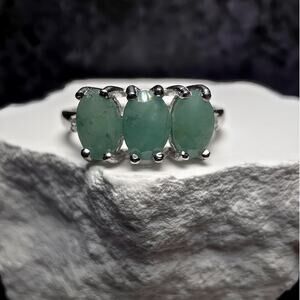Natural Emerald 3-Stone Ring, S925 Sterling Silver, Size 7